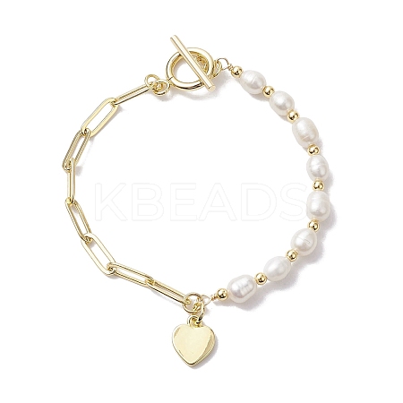 Natural Cultured Freshwater Pearl Beads Paperclip Chains Heart Charm Bracelets with Toggle Clasps for Women BJEW-JB10193-1