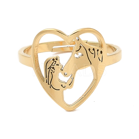 Ion Plating(IP) 304 Stainless Steel Heart with Horse Adjustable Ring for Women RJEW-M149-20G-1