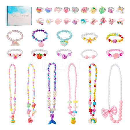 Flower & Shell & Watermelon & Rabbit Plastic Cuff & Adjustable Ring & Pendant Necklace & Stretch Bracelets SJEW-TA0001-02-1