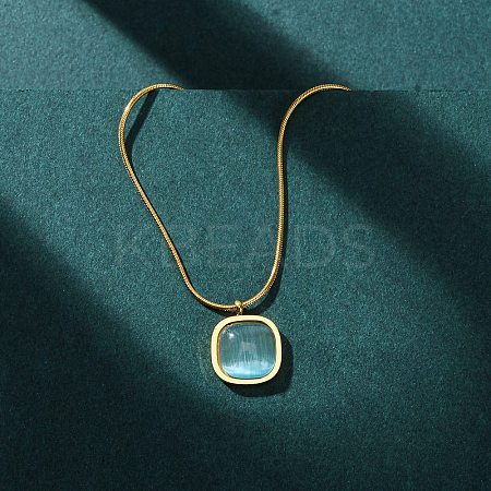 304 Stainless Steel & Dark Turquoise Cat Eye Square Pendant Round Snake Chain Necklaces for Women NJEW-K255-47G-1