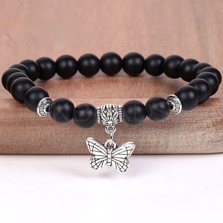 8MM Round Frosted Natural Obsidian Beaded Stretch Bracelets with Alloy Butterfly Charms FQ7211-22-1