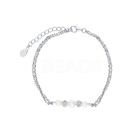 Anti-Tarnish Rhodium Plated 925 Sterling Silver Imitation Pearl Beads Link Bracelets ZE3556-1