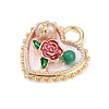 Brass Enamel & Natural Pearl Heart with Rose Flower Pendants KK-K351-49G-01-2