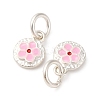 Fine Silver Pearl Pink Enamel Flat Round with Flower Charms STER-A047-04A-S-2
