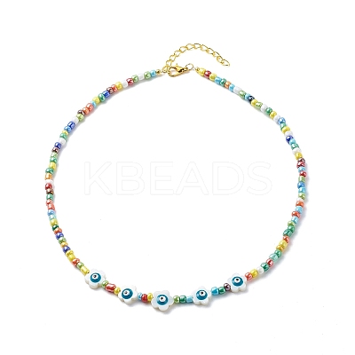 Natural Shell Flower with Evil Eye & Glass Seed Beaded Necklace Stretch Bracelet SJEW-JS01248-1