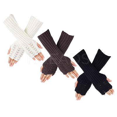 3Pairs 3 Colors Acrylic Fibers Long Knitted Fingerless Gloves AJEW-GA0008-18-1