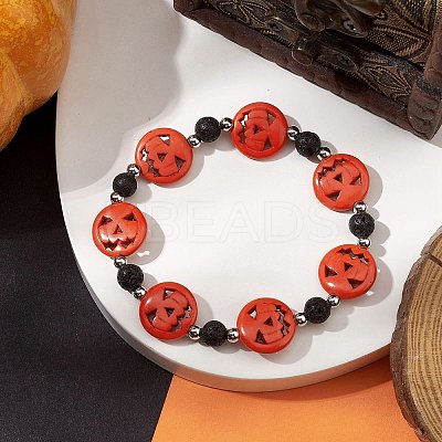 Halloween Pumpkin Synthetic Turquoise & Natural Lava Rock Beaded Stretch Bracelets BJEW-TA00487-1