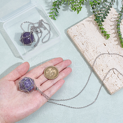2Pcs Brass Macrame Pouch Natural Lepidolite Round Inside Pendant Necklaces NJEW-PH01595-1