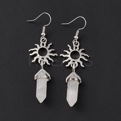 Natural Quartz Crystal Bullet with Sun Dangle Earrings EJEW-I276-01P-20-1