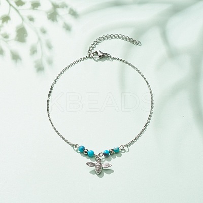 304 Stainless Steel Bees Charm Anklet with Round Natural White Jade Beads for Women AJEW-AN00498-02-1
