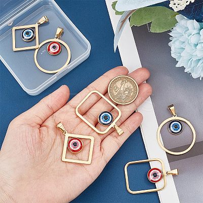 6Pcs 6 Styles PVD Vacuum Plating Evil Eye 304 Stainless Steel Resin Pendants STAS-UN0042-19-1
