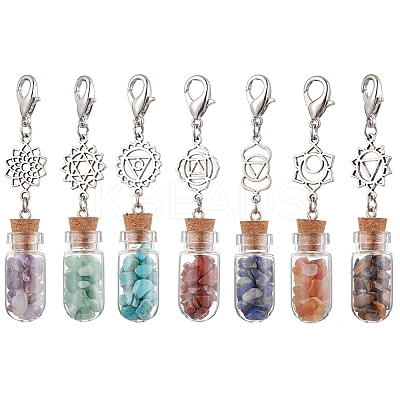 7Pcs 7 Styles Chakra Natural & Synthetic Gemstone Chip Beads inside Glass Wishing Bottle Pendant Decorations HJEW-JM02344-1
