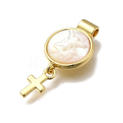 Brass Pave Natural White Shell Flat Round with Cross Pendants KK-C090-40G-06-1