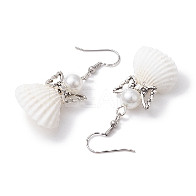 Angel Spiral Shell & Glass Pearl Dangle Earrings EJEW-JE05838-1