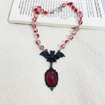 Alloy Red Glass Bat Pendant Round Glass Link Necklaces for Halloween LS-NJEW-H075-02PEB-1