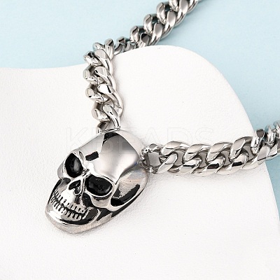 304 Stainless Steel Skull Pendant Cuban Link Chain Necklaces NJEW-C099-06AS-1
