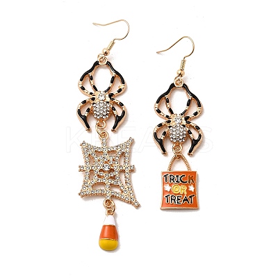 Alloy Crystal Rhinestone and Orange Enamel Spider Dangle Asymmetrical Earrings LS-EJEW-P319-04G-1