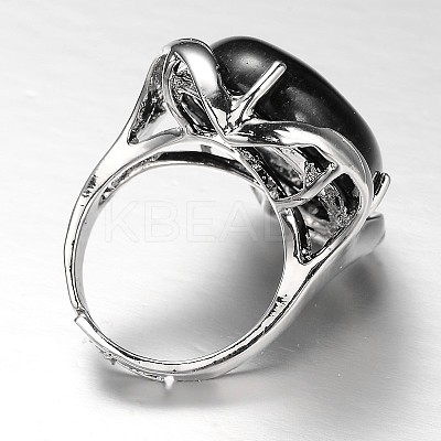 Adjustable Oval Brass Natural Dyed & Heated Black Agate Wide Band Rings RJEW-L062-03O-1