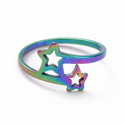 Ion Plating(IP) 201 Stainless Steel Double Star Finger Ring RJEW-J051-14MC-1