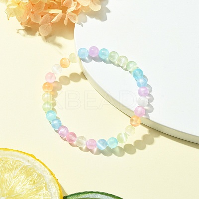 Dyed Natural Selenite Round Beaded Stretch Bracelet BJEW-JB09581-1
