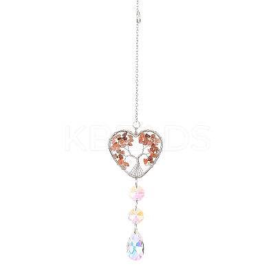 Wire Wrapped Natural Carnelian Heart with Tree of Life Pendant Decorations HJEW-K046-02P-02-1