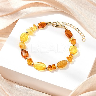 Natural Amber & Brass Beaded Bracelets for Women BJEW-JB13697-1