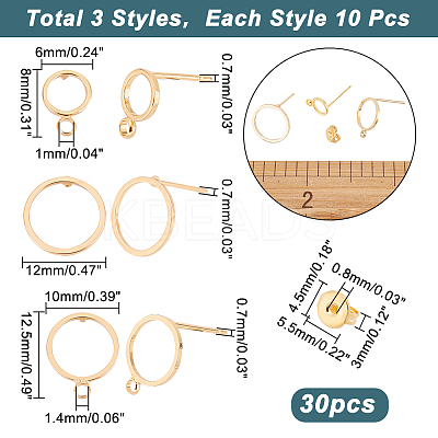 30Pcs 3 Style Brass Cricle Stud Earring Findings KK-AR0002-99-1