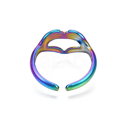 Ion Plating(IP) Rainbow Color 304 Stainless Steel Heart Gesture Open Cuff Ring for Women RJEW-S405-260M-1