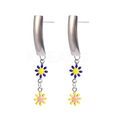 Rectangle with Flower Enamel Long Dangle Stud Earrings EJEW-N049-06A-1