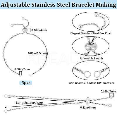 5Pcs Adjustable 304 Stainless Steel Box Chain Link Bracelet Making STAS-BBC0004-82A-1