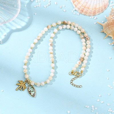 Ocean 304 Stainless Steel Coconut Tree and Brass Enamel Horse Eye Pendant AB Color Natural Freshwater Shell Round Beaded Necklaces NJEW-JN06320-1
