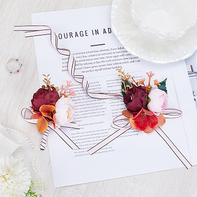 2Pcs 2 Style Silk Cloth & Plastic Imitation Flower Wrist Corsage & Corsage Boutonniere AJEW-CP0007-26A-1