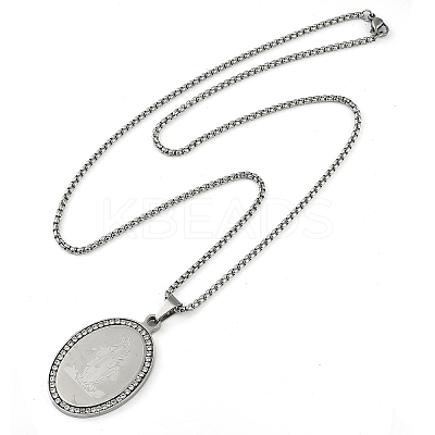 201 Stainless Steel Crystal Rhinestone Religion Virgin Mary Oval Pendant Box Chain Necklaces LS-NJEW-D089-04P-1
