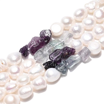 Natural Purple Fluorite Nuggets & Natural Cultured Freshwater Pearl Beads Strands PEAR-N023-01A-08-1
