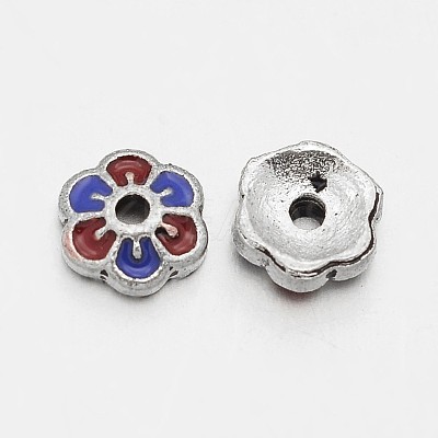 Antique Silver Plated Flower Alloy Enamel Bead Caps ENAM-J189-07AS-1