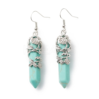 Synthetic Turquoise Bullet with Flower Dangle Earrings EJEW-G300-02P-09-1
