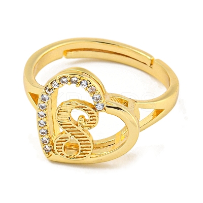 Heart with Letter Rack Plating Brass Micro Pave Cubic Zirconia Adjustable Rings for Women RJEW-I105-06G-S-1