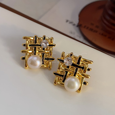 Woven Rhombus Brass Micro Pave Clear Cubic Zirconia Stud Earrings EJEW-Z104-02G-1