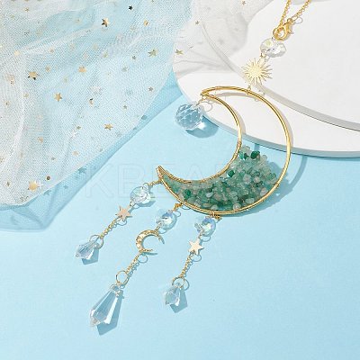 Wire Wrapped Natural Green Aventurine Chip & Brass Moon Pendant Decorations HJEW-JM01504-05-1