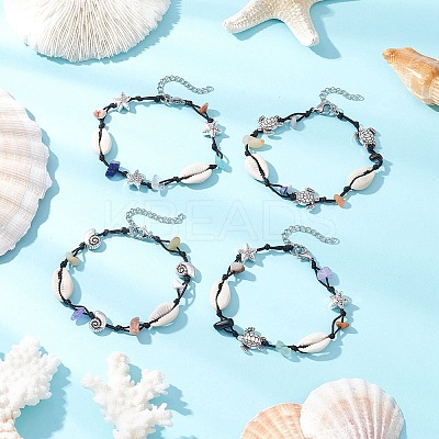 4Pcs Natural & Synthetic Gemstone Chip Beads & Cowrie Shell Beads Braided Bead Bracelets BJEW-JB11834-1