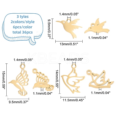 36Pcs 6 Style 304 Stainless Steel Charms STAS-DC0008-87-1