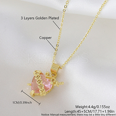 Brass Pave Pink Resin Rose Heart with Sword Pendant Necklaces for Women FS-WG476F5-13-1