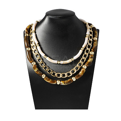 Resin Curved Tube & Plastic & Alloy Twisted Chain 3 Layer Necklaces NJEW-Q038-02G-1