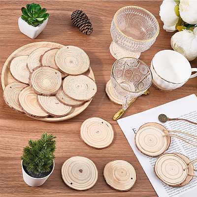 20Pcs Flat Round Unfinished Wooden Chip Pendants WOOD-CP0001-14B-1