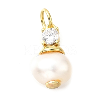 Brass Micro Pave Clear Cubic Zirconia with Natural Pearl Charms KK-V011-55G-1