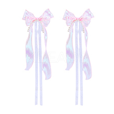 Nylon Organza Ribbon & Plastic Imitation Pearl Beaded Bowknot Bag Ornament HJEW-PH02020-1