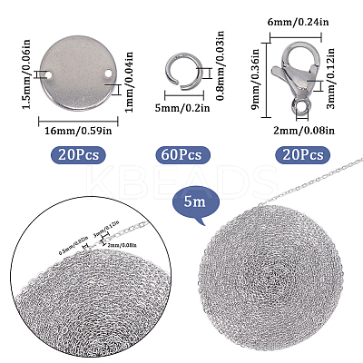 DIY 304 Stainless Steel Blank Flat Round Pendnat Necklace with Cable Chains Making Kit DIY-SC0024-15-1