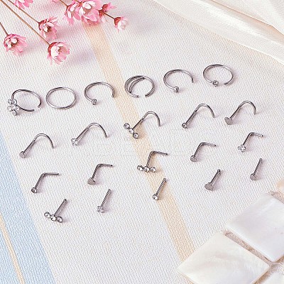21Pcs 21 Style Clear Cubic Zirconia Flower & Flat Round & Heart Nose Studs & Rings Set JX527B-1