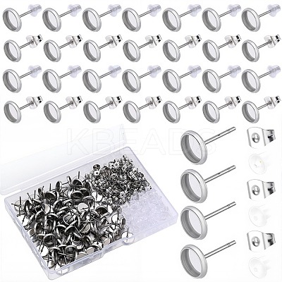 100Pcs Flat Round Stainless Steel Stud Earring Settings STAS-SP0001-61B-P-1