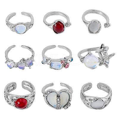 9Pcs 9 Style Cat Eye & Cubic Zirconia Open Cuff Rings Set RJEW-FI0001-12-1